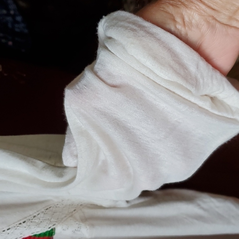 Free People creme blouse  red needlework stripe Lace inset Hi Lo Size medium NWT - Picture 7 of 14